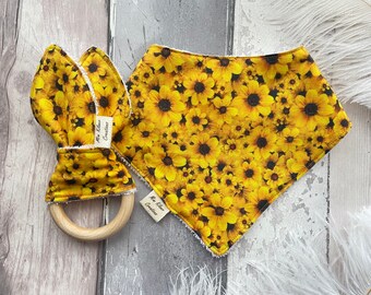 Yellow Sunflowers bib | Baby Teething Gift Set | Handmade organic Bamboo bandana style Dribble bib & natural wood, bunny ear teether.