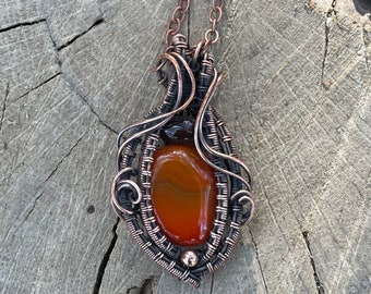 Banded Carnelian pendant, copper necklace, wire wrapped, healing stone necklace, unique jewelry, natural stone, carnelian, fall jewelry