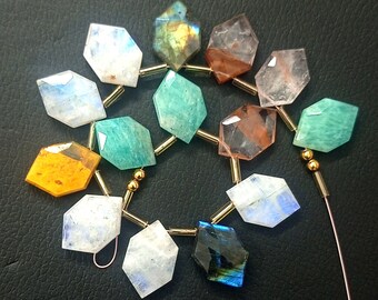 Unique 14 pc100% Natural Gemstone Briolette Facated Rainbow Moonstone Drilled  Shape Hexagon Jewelry Size 19 x12 to 17 x11 mm Aproxx Z-868