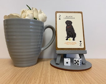 Black labrador dog ornament - New playing card of a Black Lab with a wooden easel, base & gift wrap incl. Unique vintage dog lab gift
