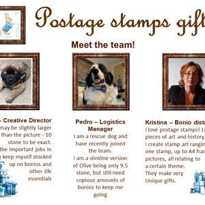 Puede incluir: Un collage de im&aacute;genes que presenta a un equipo de personas y perros que crean regalos &uacute;nicos utilizando sellos postales. El texto "Postage stamps gifts" est&aacute; en la parte superior de la imagen. El texto "Meet the team!" est&aacute; debajo del t&iacute;tulo. La imagen incluye una foto de un conejo, un perro y una persona. El texto debajo de las im&aacute;genes describe a los miembros del equipo y sus roles. El texto incluye los nombres "Olive", "Pedro" y "Kristina".