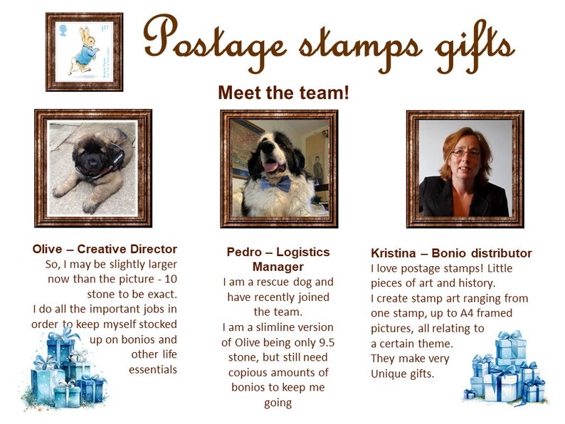 Puede incluir: Un collage de im&aacute;genes que presenta a un equipo de personas y perros que crean regalos &uacute;nicos utilizando sellos postales. El texto "Postage stamps gifts" est&aacute; en la parte superior de la imagen. El texto "Meet the team!" est&aacute; debajo del t&iacute;tulo. La imagen incluye una foto de un conejo, un perro y una persona. El texto debajo de las im&aacute;genes describe a los miembros del equipo y sus roles. El texto incluye los nombres "Olive", "Pedro" y "Kristina".