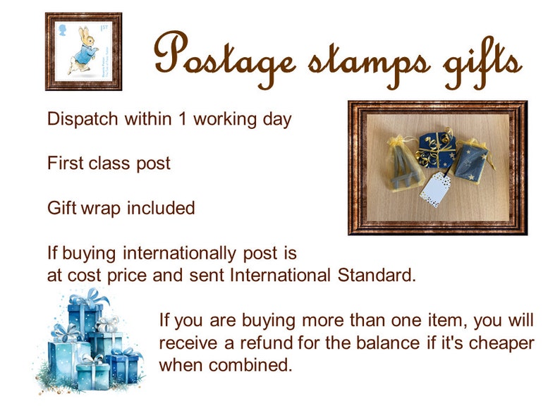 Puede incluir: Una imagen enmarcada de un sello de correos con un conejo con una chaqueta azul. La imagen est&aacute; rodeada de texto que dice "Postage stamps gifts", "Dispatch within 1 working day", "First class post", "Gift wrap included", "If buying internationally post is at cost price and sent International Standard.", y "If you are buying more than one item, you will receive a refund for the balance if it's cheaper when combined."