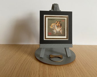 Rough Collie ornament - 1998 new stamp of a Rough Collie dog with a wood easel, base & gift wrap included. Int post at cost. Unique gift