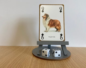 Rough Collie dog ornament - New playing card of a Rough Collie dog with a wooden easel, base & gift wrap incl.  Unique collie figurine art
