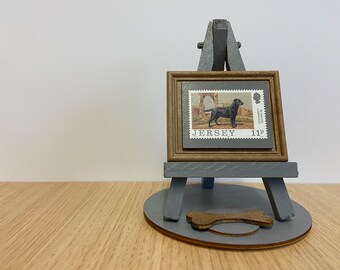 Black labrador stamp ornament with easel, base and gift wrap included