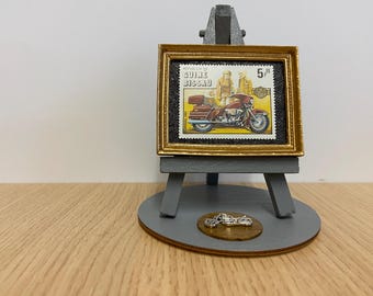 Harley Davidson motorcycle stamp ornament with easel, base and gift wrap included