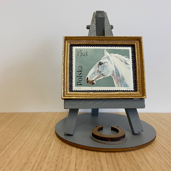 Lipizzaner Horse ornament - Framed 1989 postage stamp of a Lipizzan horse with a grey easel, base & gift wrap incl. Unique vintage art gifts