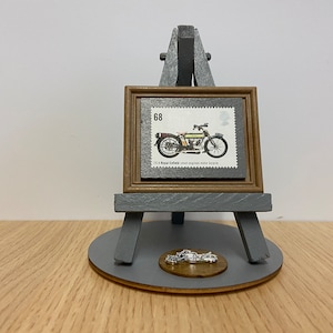 Royal Enfield Motorcycle stamp ornament - Framed new 2005 stamp of a Royal Enfield with grey easel, base & gift wrap. British motorbike art