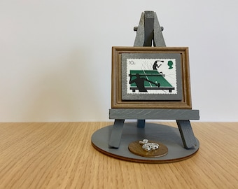 Table tennis stamp ornament - Framed new 1977 postage stamp of table tennis players with grey easel, base & gift wrap incl.  Ping Pong sport