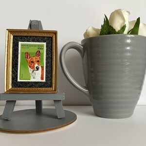 Basenji ornament Framed new 1997 postage stamp of a Basenji dog portrait with a grey easel, base and gift wrap included Int post at cost image 2