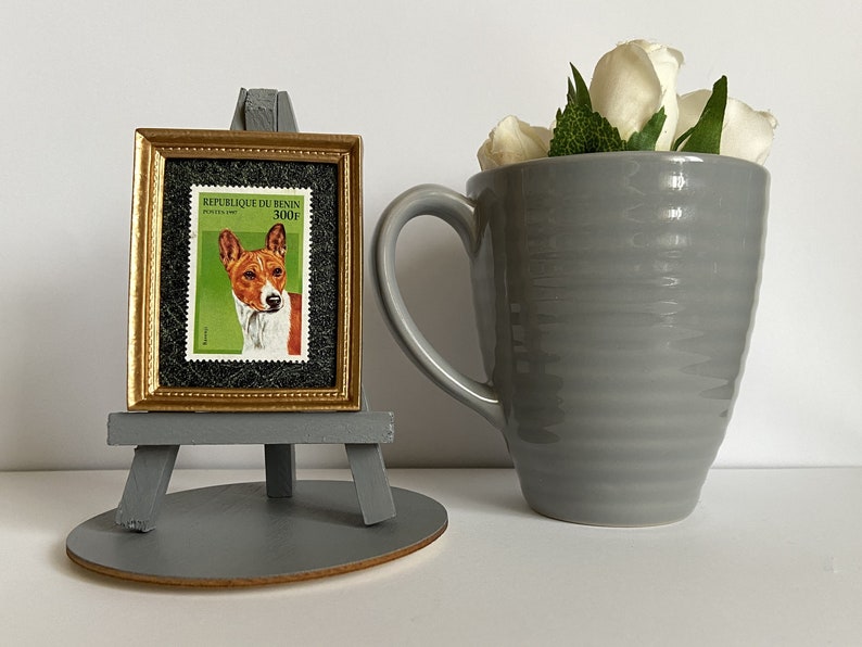 Basenji ornament Framed new 1997 postage stamp of a Basenji dog portrait with a grey easel, base and gift wrap included Int post at cost image 2
