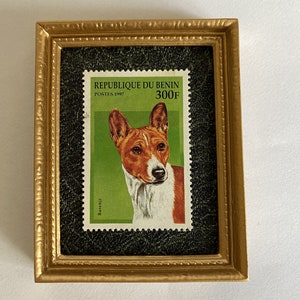 Basenji ornament Framed new 1997 postage stamp of a Basenji dog portrait with a grey easel, base and gift wrap included Int post at cost image 3