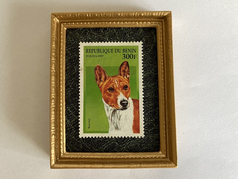 Basenji ornament Framed new 1997 postage stamp of a Basenji dog portrait with a grey easel, base and gift wrap included Int post at cost image 3