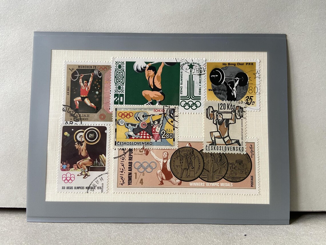 Weight lifting on postage stamps dated from 1972 onwards on a Etsy