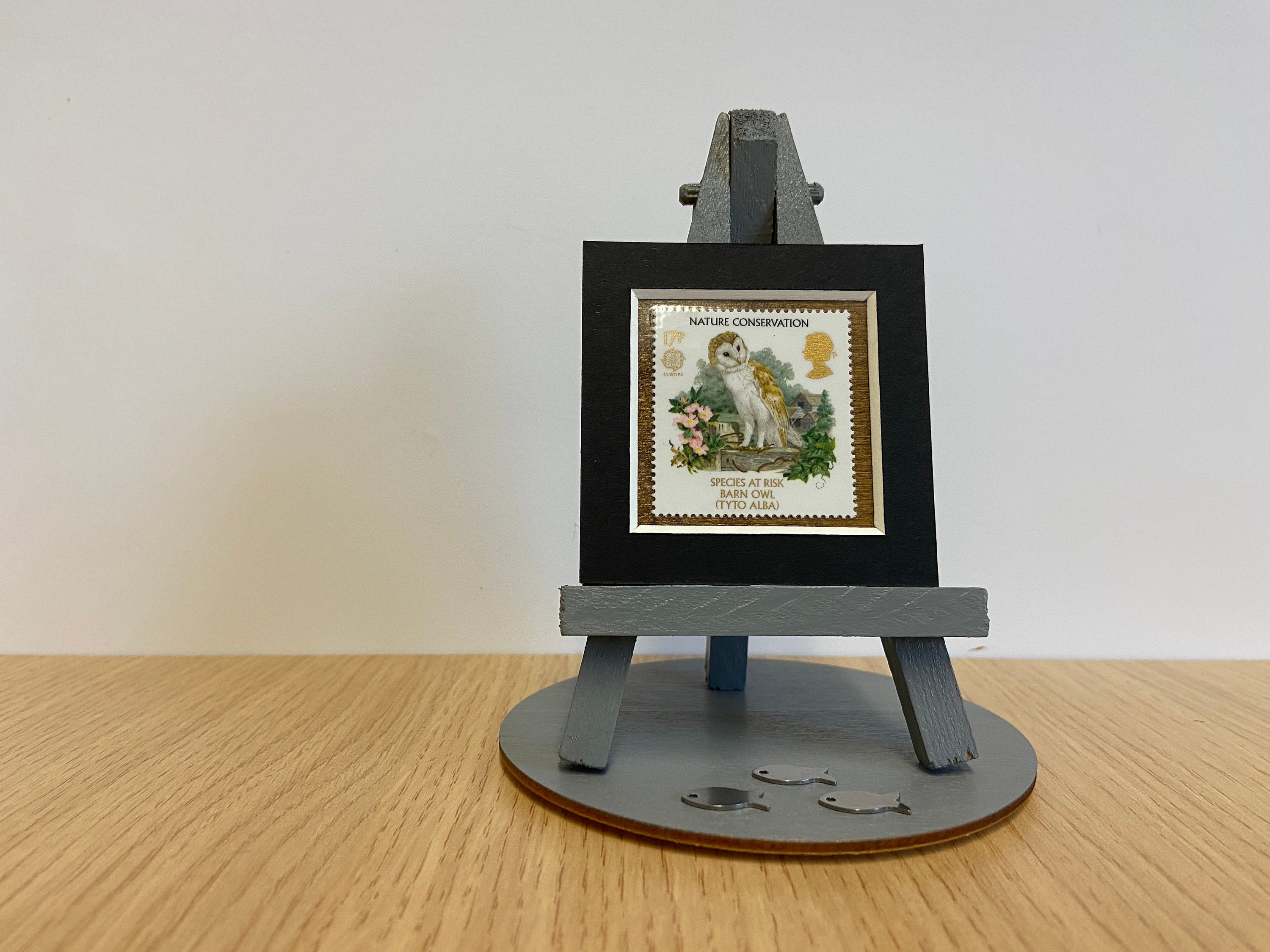 Barn Owl stamp ornament with easel, base and gift wrap included