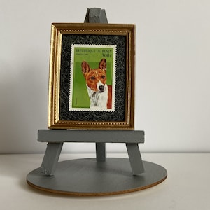Basenji ornament Framed new 1997 postage stamp of a Basenji dog portrait with a grey easel, base and gift wrap included Int post at cost image 1