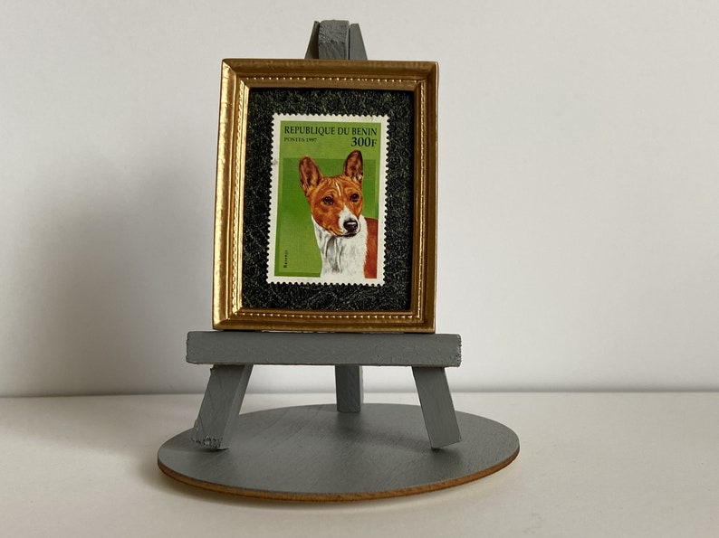 Basenji ornament Framed new 1997 postage stamp of a Basenji dog portrait with a grey easel, base and gift wrap included Int post at cost image 1