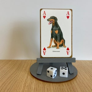 Doberman dog ornament - New playing card of a Doberman Pinscher dog with a wooden easel, base & gift wrap. Doberman unique figurine art gift