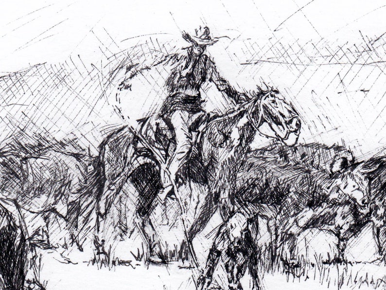 Cowboy Roping Limited Edition Art Print, Western Pen & Ink Horse Sketch ...