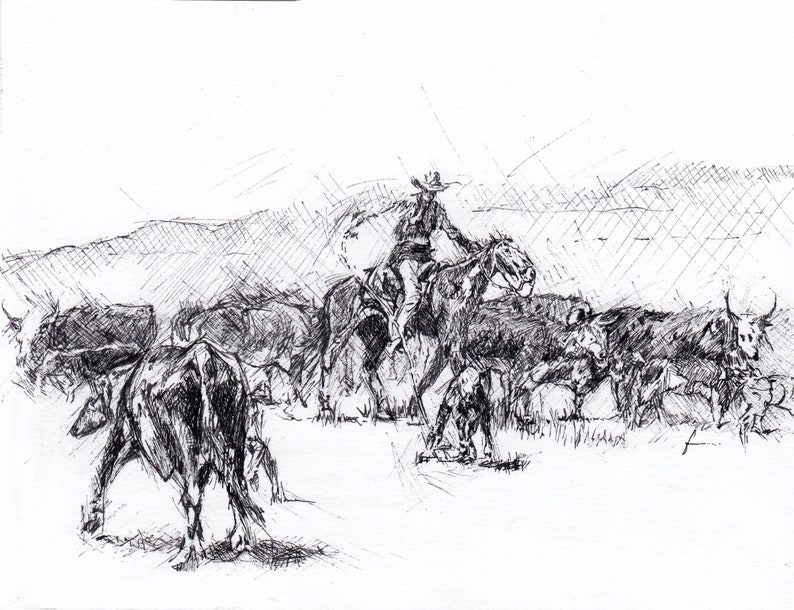 Cowboy Roping Limited Edition Art Print, Western Pen & Ink Horse Sketch ...