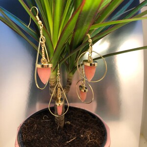 May include: A pair of gold earrings with pink teardrop-shaped stones. The earrings are hanging from a plant in a pink pot.
