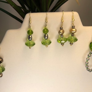 Green Sparkling Dangly Earrings - Glass, resin, cultured fresh water pearls