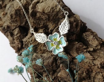 Flower necklace, blue flower necklace, sterling silver, blue flower, cloisonne enamel, Handcraft Jewelry, gift for mom, gift for her