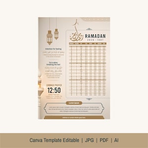 Puede incluir: Una plantilla de calendario del Ramadán beige con caligrafía árabe y una tabla de horarios para 2026-1447. El diseño incluye texto en inglés y árabe, linternas decorativas y un arco de estilo mezquita. La parte inferior de la plantilla dice "Canva Template Editable | JPG | PDF | AI".