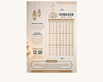 Ramadan Calendar 2026 – Suhur & Iftar Timetable, Printable (Editable Canva Template + PDF + AI + JPG)