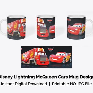 May include: A white ceramic mug with a design featuring Lightning McQueen and Mater from the Disney Pixar Cars movie. The design shows Lightning McQueen driving next to Mater's truck. The mug is a printable digital download.