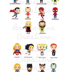 May include: A colorful illustration of various superhero characters, including Captain America, Superman, Iron Man, Flash, Spiderman, Thor, Aquaman, Wonder Woman, Harley Quinn, Black Widow, Supergirl, Captain Marvel, Batgirl, Catwoman, and Ironwoman.