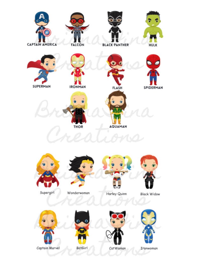 May include: A colorful illustration of various superhero characters, including Captain America, Superman, Iron Man, Flash, Spiderman, Thor, Aquaman, Wonder Woman, Harley Quinn, Black Widow, Supergirl, Captain Marvel, Batgirl, Catwoman, and Ironwoman.