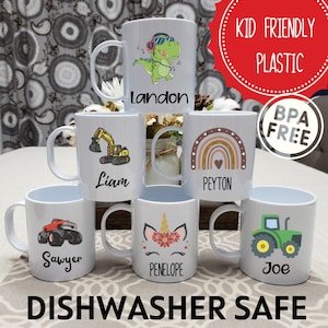May include: Six white plastic cups with different designs and names on them. The designs include a dinosaur, an excavator, a rainbow, a monster truck, a unicorn, and a tractor. The cups are dishwasher safe and BPA free. Kid friendly plastic.