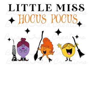 May include: Three cartoon characters dressed as witches with broomsticks. The text "Little Miss Hocus Pocus" is above the characters.
