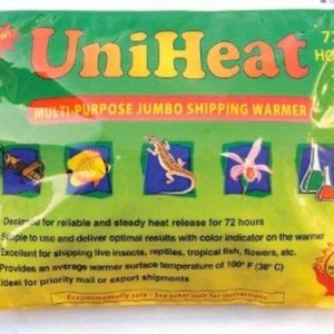 May include: A green and yellow UniHeat multi-purpose jumbo shipping warmer. The package features the text "UniHeat" in orange and yellow, along with illustrations of a grasshopper, fish, lizard, flower, and lab equipment. It is designed for reliable heat release for 72 hours.