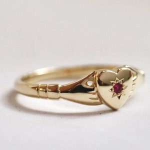 14K Yellow Gold Claddagh Ring: Handmade Ruby Heart Gimmel Ring