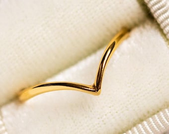 14k Solid Yellow Gold V Ring: Skinny Chevron Stackable Band