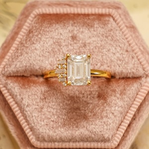 Emerald Cut Moissanite Engagement Ring, 14k Solid Gold Handmade Ring, Baguette Diamond Wedding Solitaire Ring, Anniversary Ring for Women