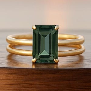 Emerald Cut Teal Sapphire Engagement Ring, Double Band Blue-Green Sapphire Ring, September Birthstone, Wedding Anniversary Gift for Women