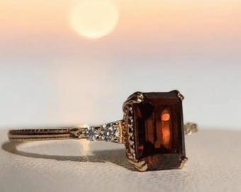 Red Ruby Engagement Ring, Emerald Cut Gemstone July Birthstone Ring, Solid Yellow Gold Moissanite Bridal Wedding Promise Ring, Cluster Ring