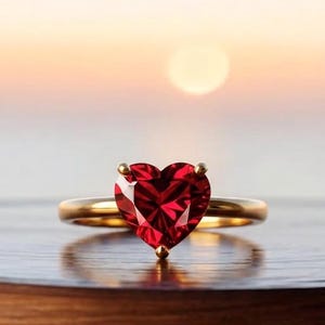 Anello in oro massiccio 14 carati con rubino rosso, anello nuziale vintage unico con rubino, anello di promessa per lei, regalo con pietra portafortuna di luglio, anello con gemma rossa a taglio a cuore