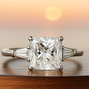 2 CT Princess Cut Moissanite Engagement Ring: 14K White Gold Art Deco Style