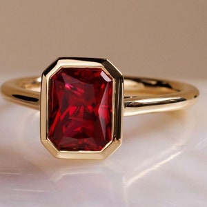 Emerald Cut Ruby Solitaire Ring: 14k Yellow Gold Art Deco Jewelry