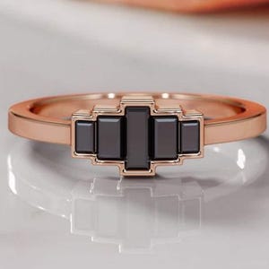 Antique Baguette Cut Black Onyx Wedding Ring, Unique Rose Gold Promise Bezel Set Ring, Art Deco Anniversary Bridal Ring For Women Gift