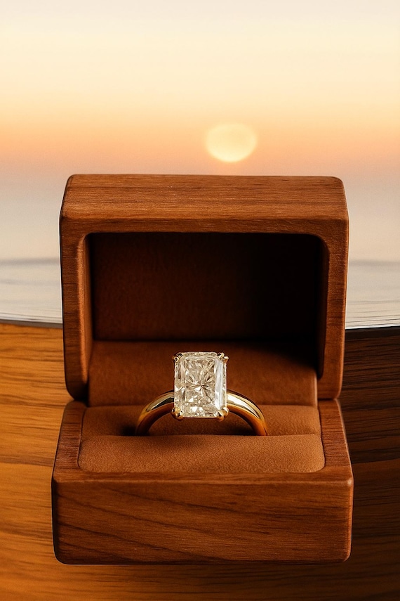 14K Solid Gold Solitaire Emerald Cut Moissanite E… - image 1