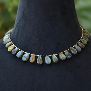 Natural Labradorite Blue Pear Cabochan Gemstone Beads Necklace Amazing Birthstone A+ Gemstone Necklace Valentine&#39;s Gift For Girlfriend