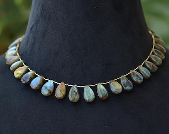 Natural Labradorite Pear Necklace: Blue Luster Gemstone Beads
