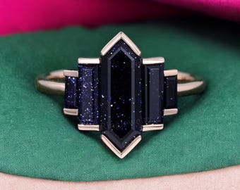 Hexagon Blue Sandstone Ring: Vintage Rose Gold Art Deco Engagement Ring