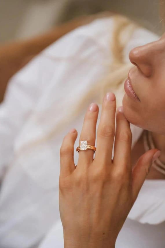 14K Solid Gold Solitaire Emerald Cut Moissanite E… - image 8